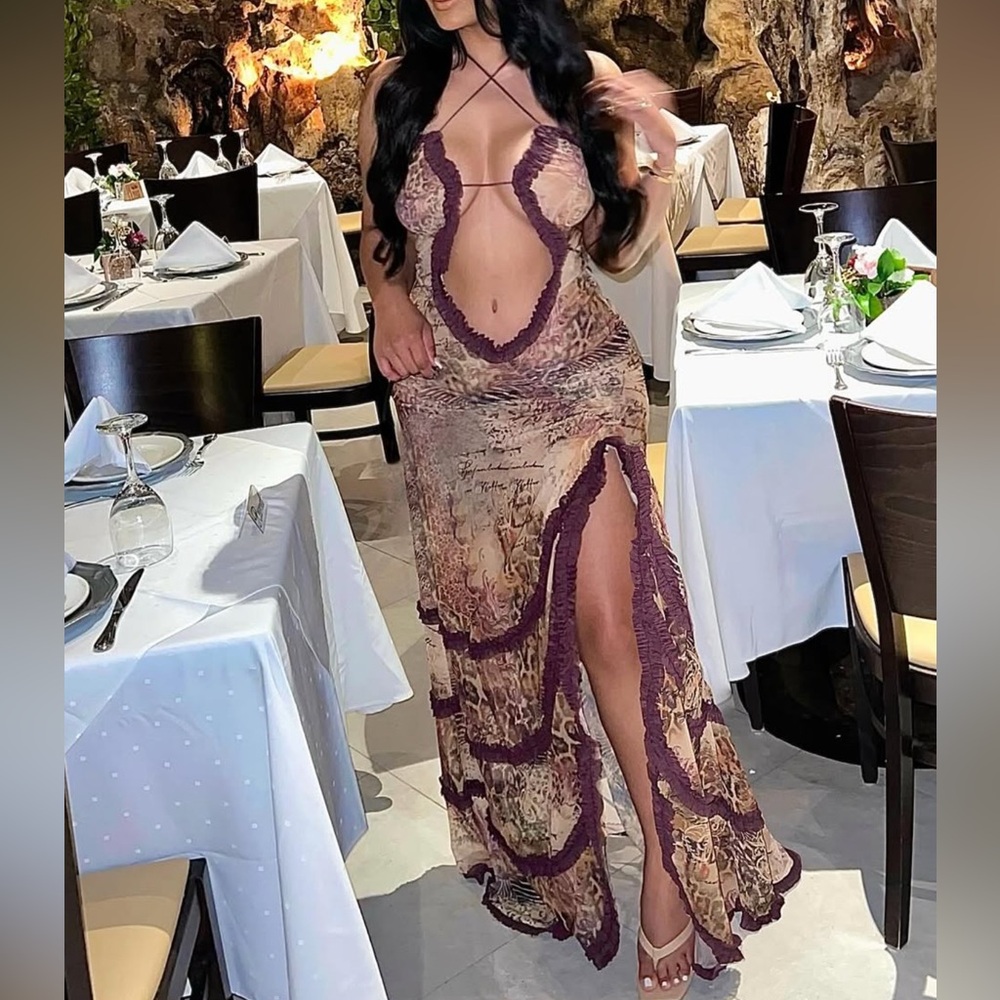Jaded London Revolve Maxi Dress Gown with Plunge Neckline Leopard Brown Purple